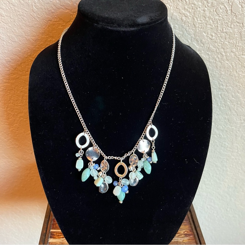 Dangle Necklace with Blue, Sea Green and White beads with silver rings